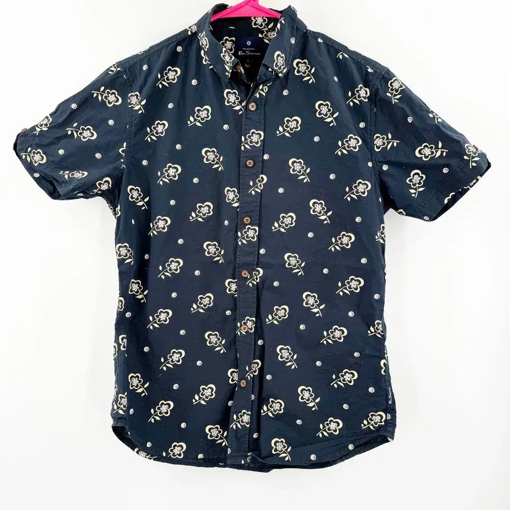 Ben Sherman Neps Shirt Small Floral Print Button Down Navy Cotton Short Sleeve - Picture 2 of 13